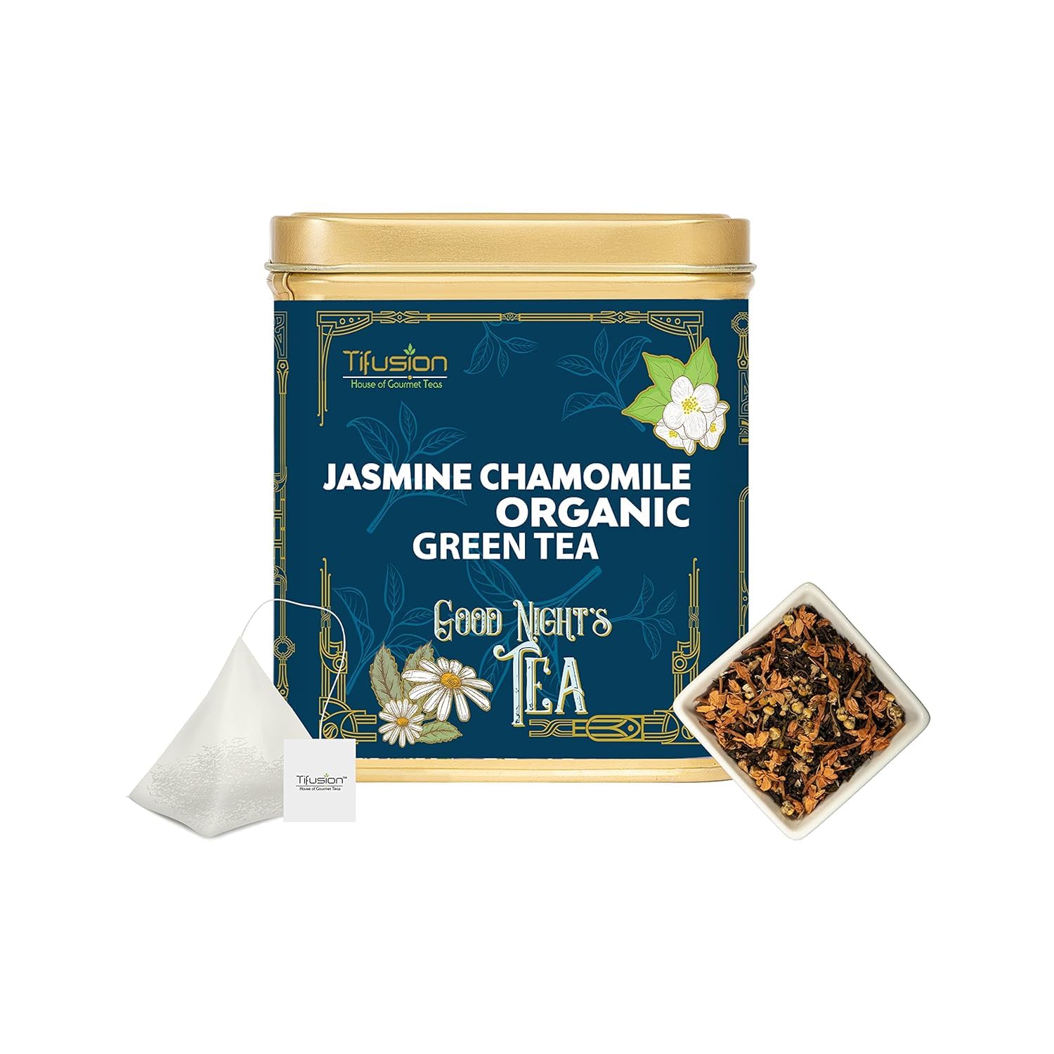 Tifusion Jasmine Chamomile Organic Green Tea with 100% Natural & Pure Ingredients for Calm Mind & Aids Sleep | 20 Pyramid Tea Bags 20 Cups-image-8