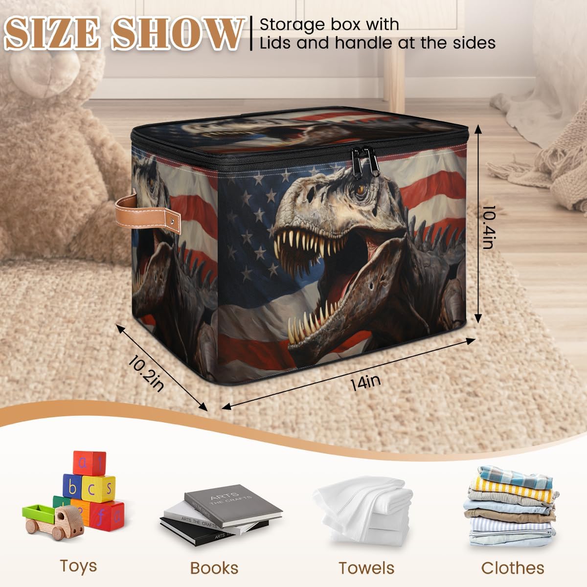 Storage Bin Set of 2 Flag Dinosaur Storage Basket with Zipper Lid & Handle Foldable Closet Shelf 2 Pack Cloth Organizer Basket Cube Bins Clothes Organizer for Bedroom, Nursery