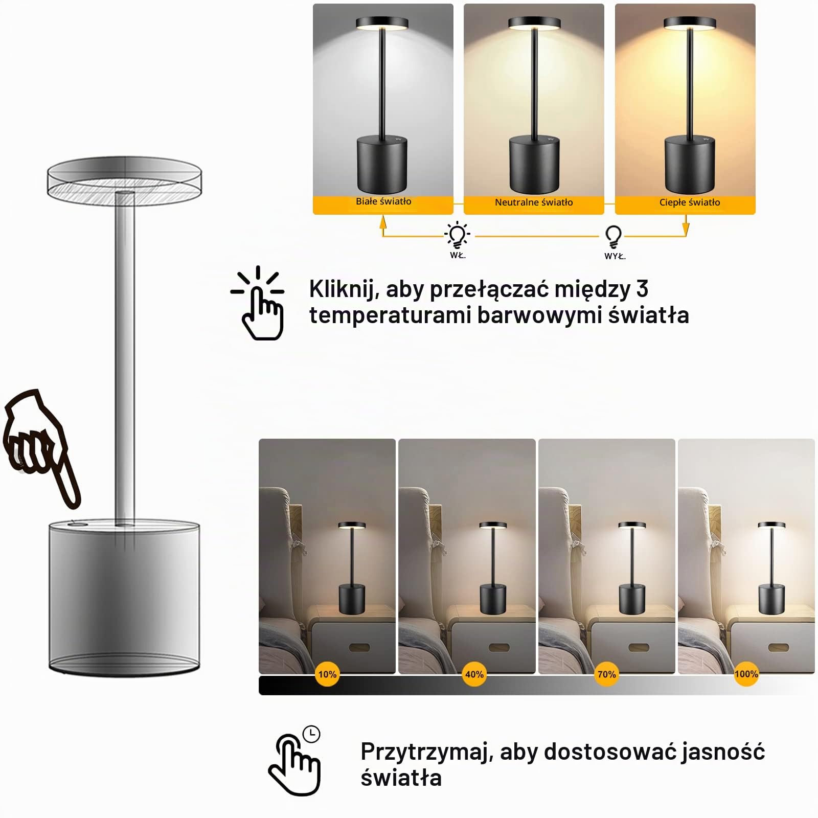 2 szt Bezprzewodowa Lampa Stołowa, Akumulator 5000mAh, Cały Materiał ze Stopu Aluminium, Bezstopniowe ściemnianie, Do Bufet Para Kolacja Restauracja Sypialnia, 2pcs Czarny