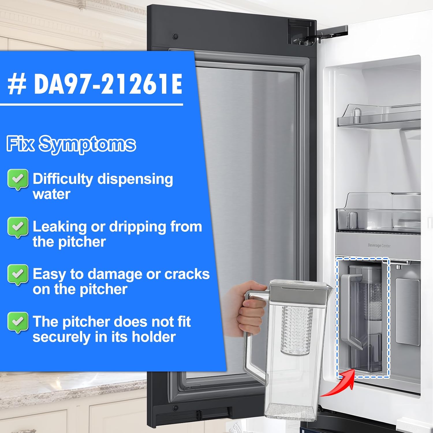 Upgraded DA97-21261E Refrigerator Water Pitcher Assembly Compatible with Samsung Fridge Water Pitcher Reservoir Parts RF23A9071SR RF29A9071SR RF29A9671SR RF29A9771SR RF23A9671SR DA97-21261B Pitcher