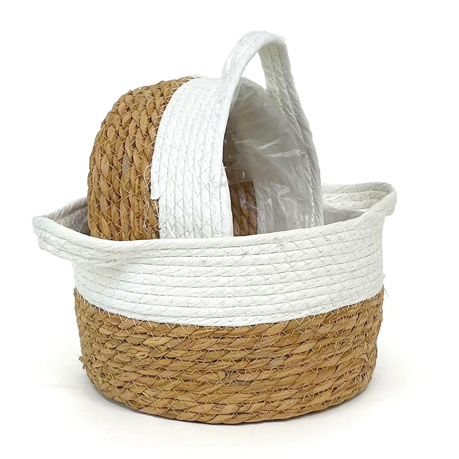 Lot de 2 paniers en paille naturelle et corde, pots à fleurs, plantes, tressés, osier, paniers, pour intérieur et extérieur, décoration de maison, accessoires de rangement (rond)