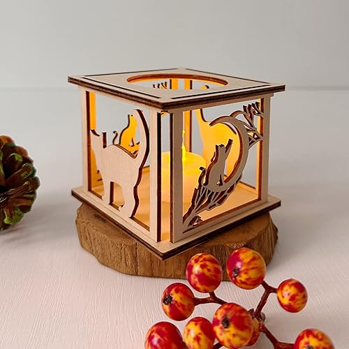 Miniatura 2 de Portavelas pequeños de madera con diseño de gato en la luna, farol rústico de Ramadán, luces decorativas para interiores para casa de campo, cocina,