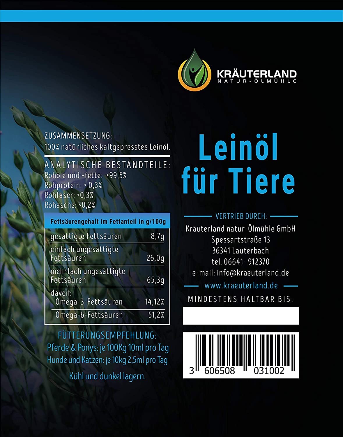 Kräuterland Leinöl für Pferde 2x5Liter (10Liter) kaltgepresst in Kanister
