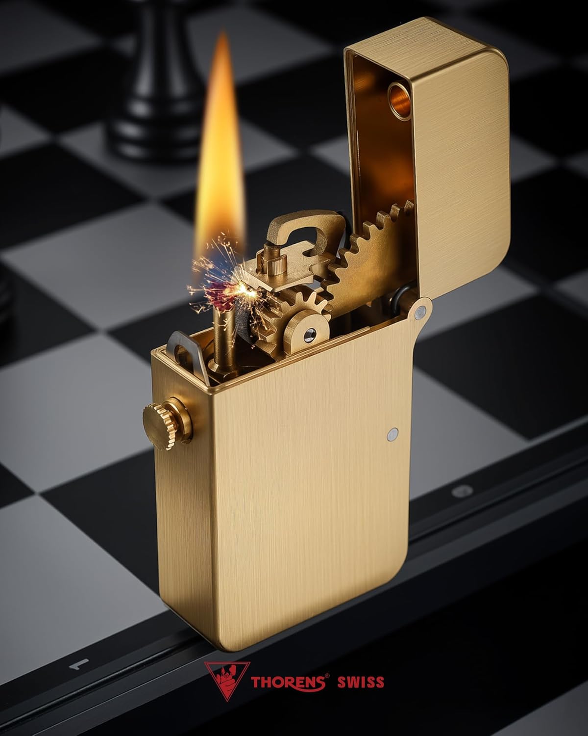 Unique Collectible Retro Mechanical Copper Kerosene Lighter, Refillable, Gear, Soft-Flame, Luxury, Men's Gift,Semi-Automatic Ignition Fluid Lighter, Thorens