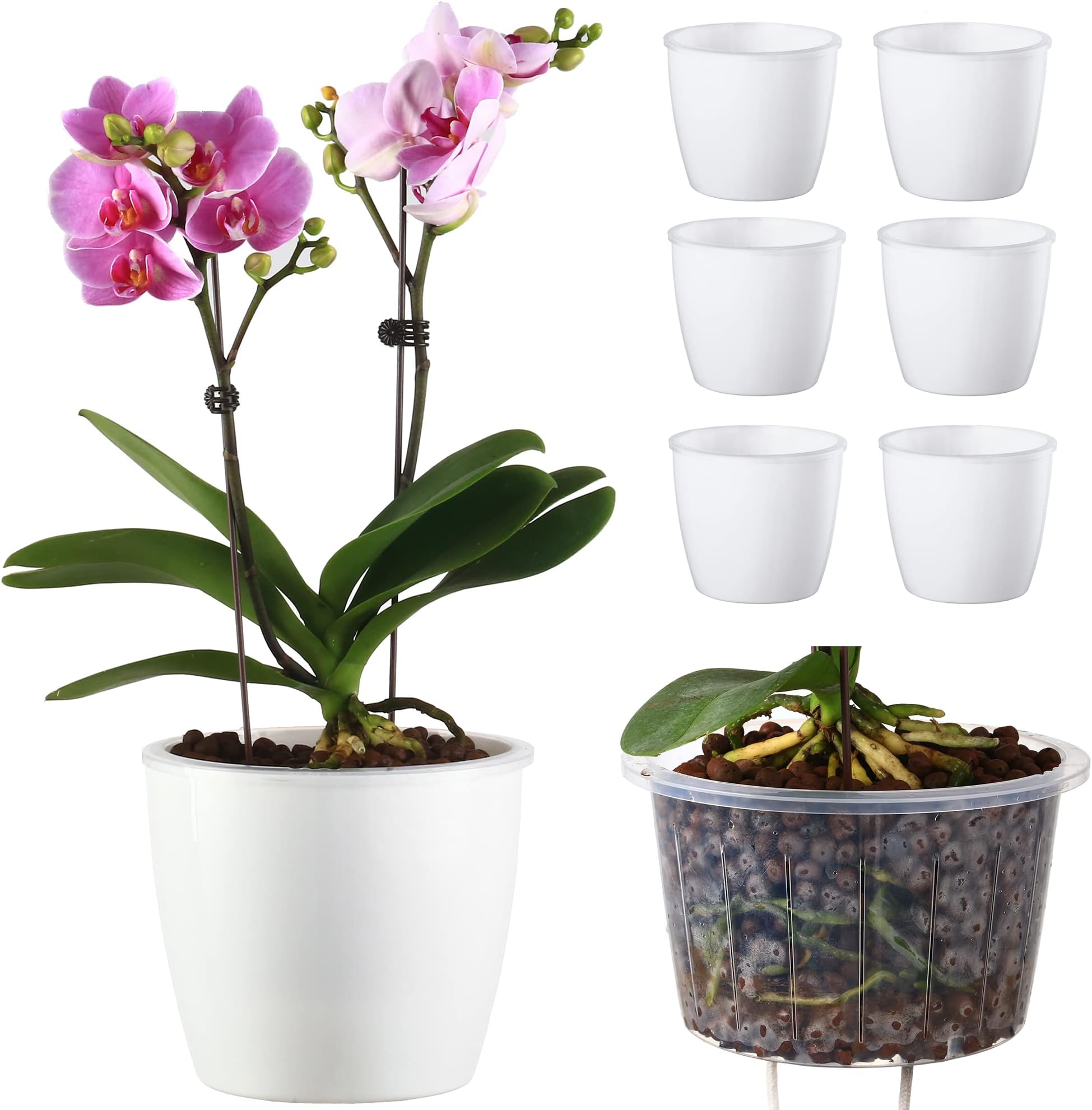 6 Pack 6.7" Self-Watering Planters Flower Pots for Indoor Garden Devil's Ivy, African Violet, Ocean Spider Plant, Orchid, White Color