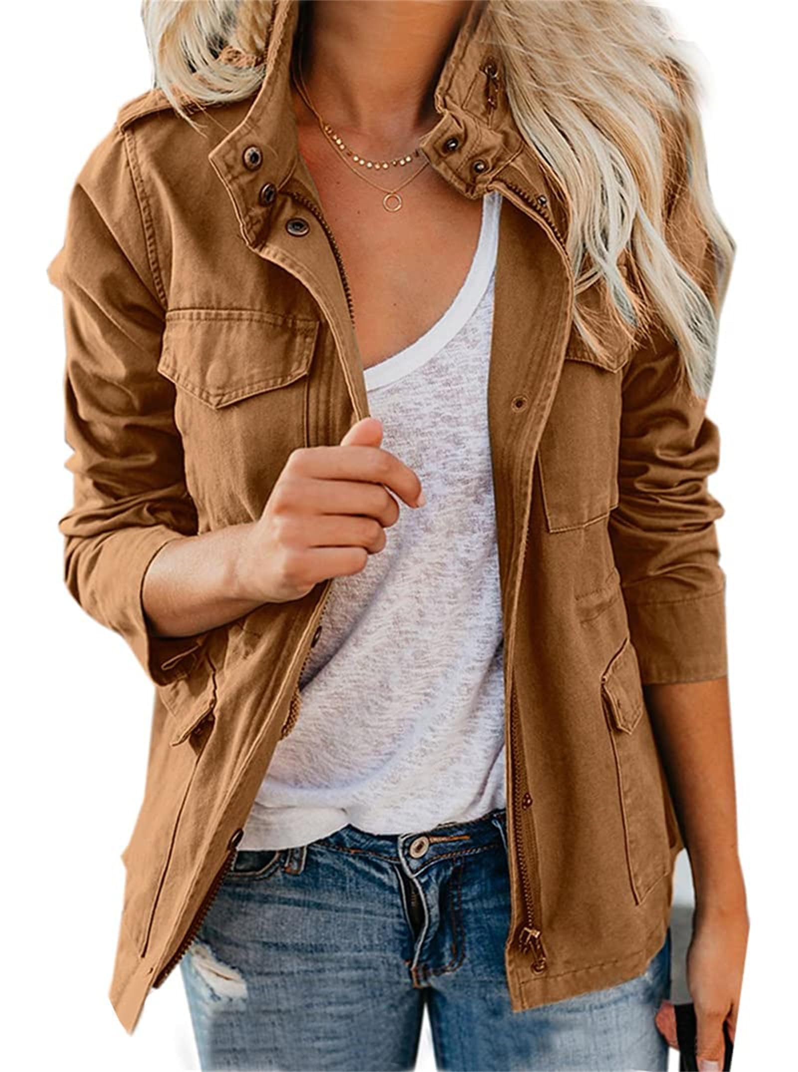 Generisch Chaqueta militar anorak para mujer, ligera, informal, con cremallera, botones de presión, abrigos de carga con bolsillo, chaqueta vaquera para mujer