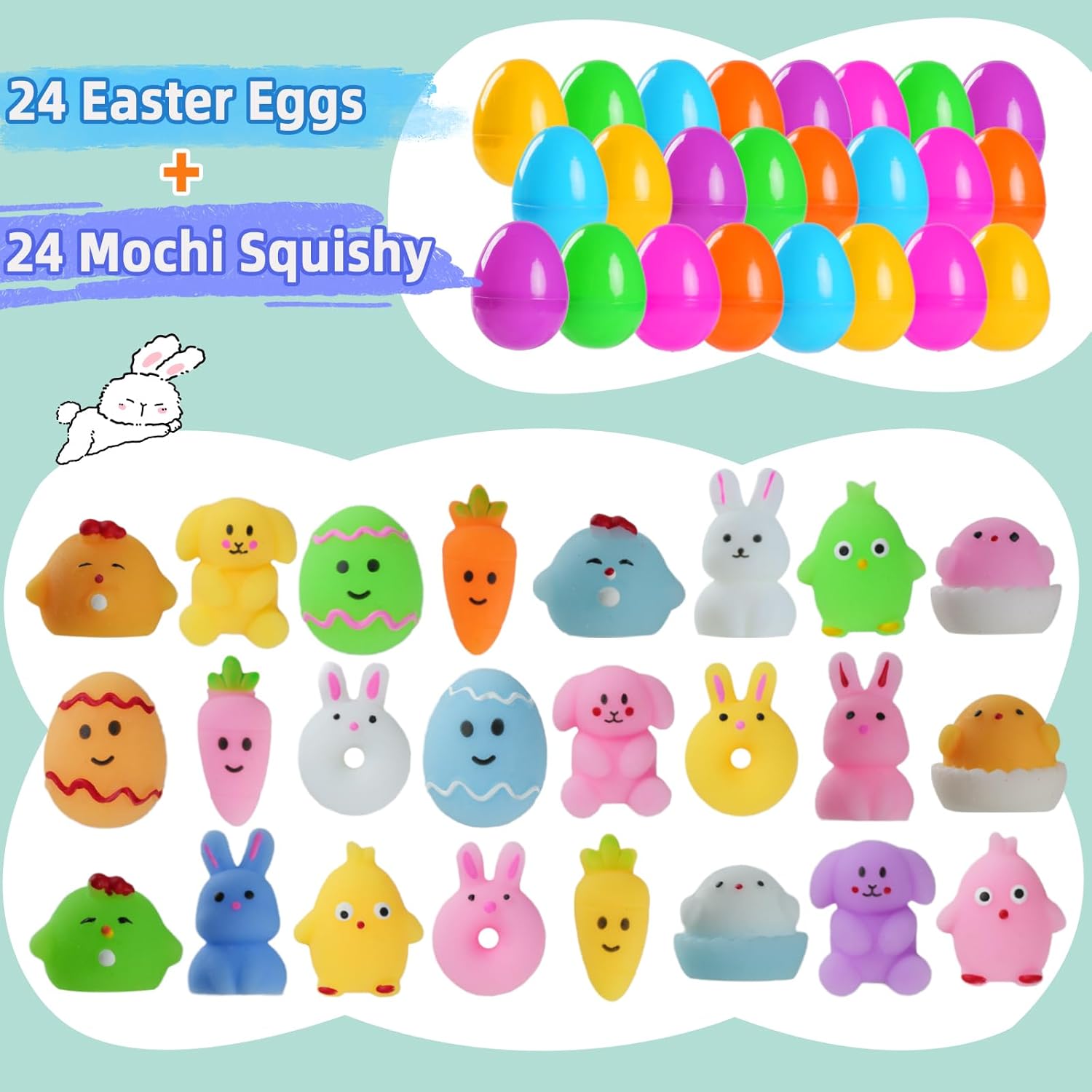 24 Pack Prefilled Easter Eggs with Mochi Squishy Toys for Kids, Easter Basket Stuffers for Toddlers, Stress Reliever Animal Taba Squishy Toys, Easter Egg Hunt Party Favors for Boys Girls