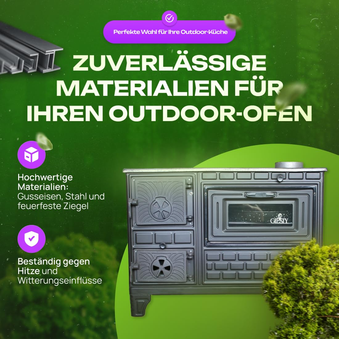 Cuisinière d'extérieur avec plaque en fonte – four de terrasse, cheminée de jardin, four à pizza et poêle à bois pour l’extérieur (Porte en fonte + 2 Tuyaux)