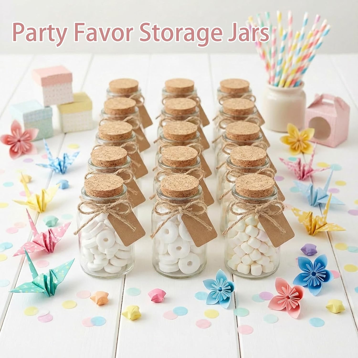 70 Pcs Glass Favor Jars with Cork Lid and Plastic Lids 3.4 oz Mini Candy Containers with Jute Twine and 70 Labels Small Glass Bottles for Honey Pudding DIY Projects Wedding Favors