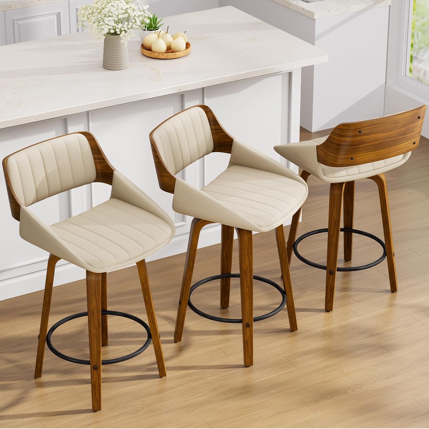 Bar Stools Set of 2, 26" Swivel Counter Height Barstools with Walnut Bentwood Back and Legs, Mid-Century Modern Faux Leather Upholstered Cream Bar Chairs for Kitchen Island, Café, Dining Room, Beige
