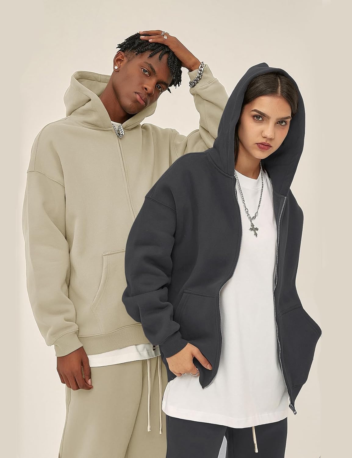 Flygo Mens Zip Up Hoodies Oversized Fleece Long Sleeve Drop Shoulder Hooded Sweatshirt Trendy Vintage Streetwear - Image 4