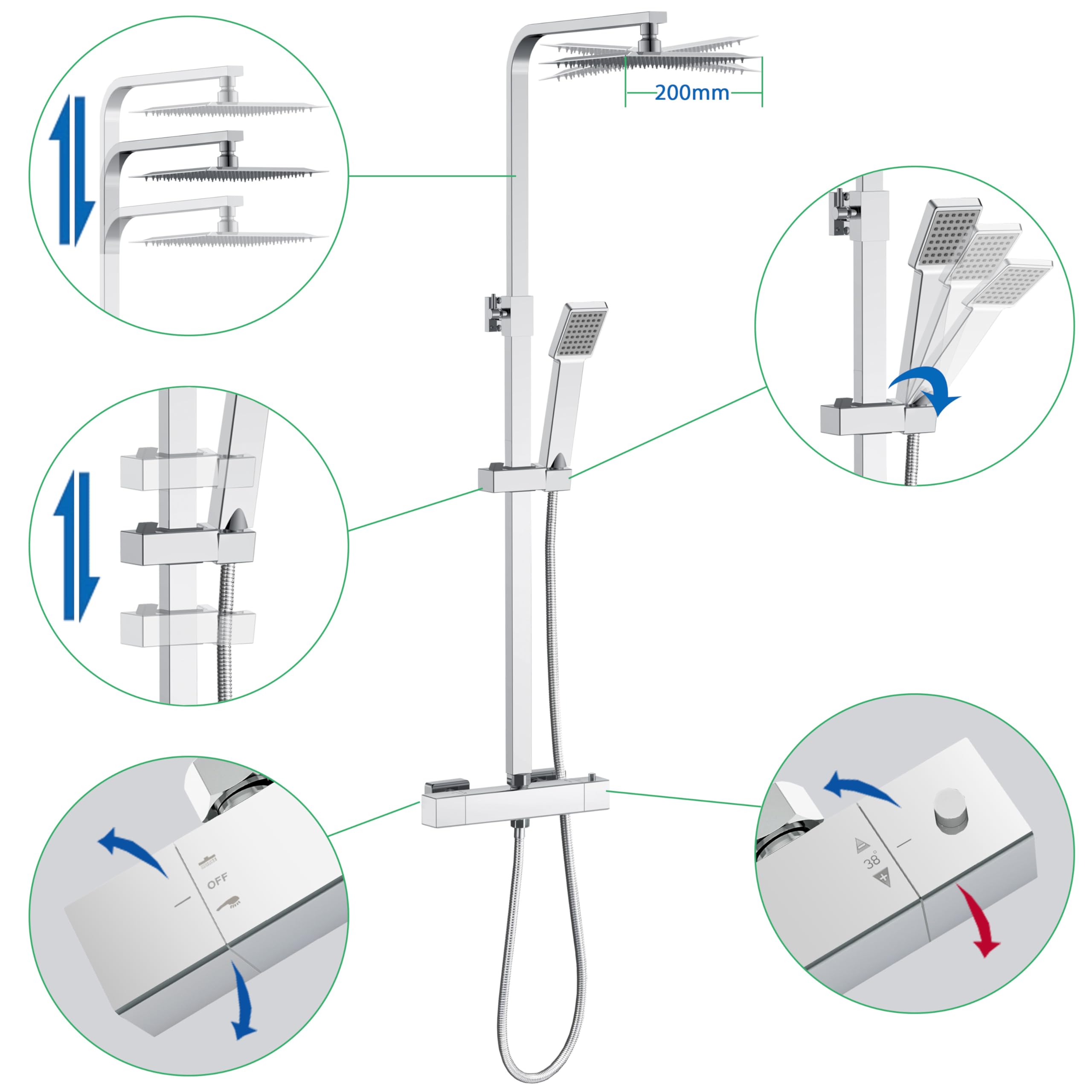 AICA Colonna Doccia con Miscelatore, Saliscendi Doccia Altezza Regolabile 80cm-120cm, Colonna Doccia con Soffione e Doccetta Quadrata 22x6.4cm, Miscelatore Termostatico Doccia in Acciaio Inox Cromato