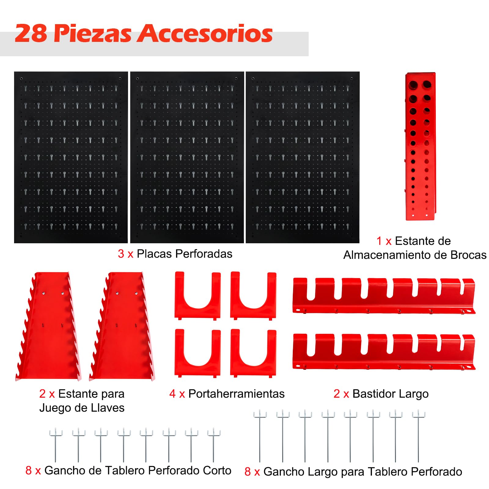 GYMAX Panel Herramientas Pared de Metal, 120 x 60 cm, Soporte Herramientas Pared con 3 Paneles Perforados y 25 Ganchos, Tablero Perforado para Taller, Banco de Trabajo
