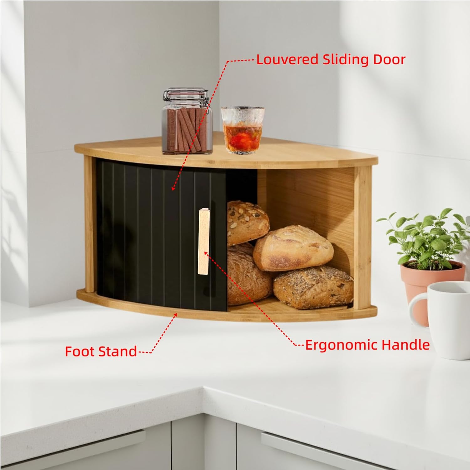 Bamboo Corner Bread Bin with Sliding Door - Space-Saving Bread Box - Keeps Bread Fresh Longer - Easy Assembly with Instructions