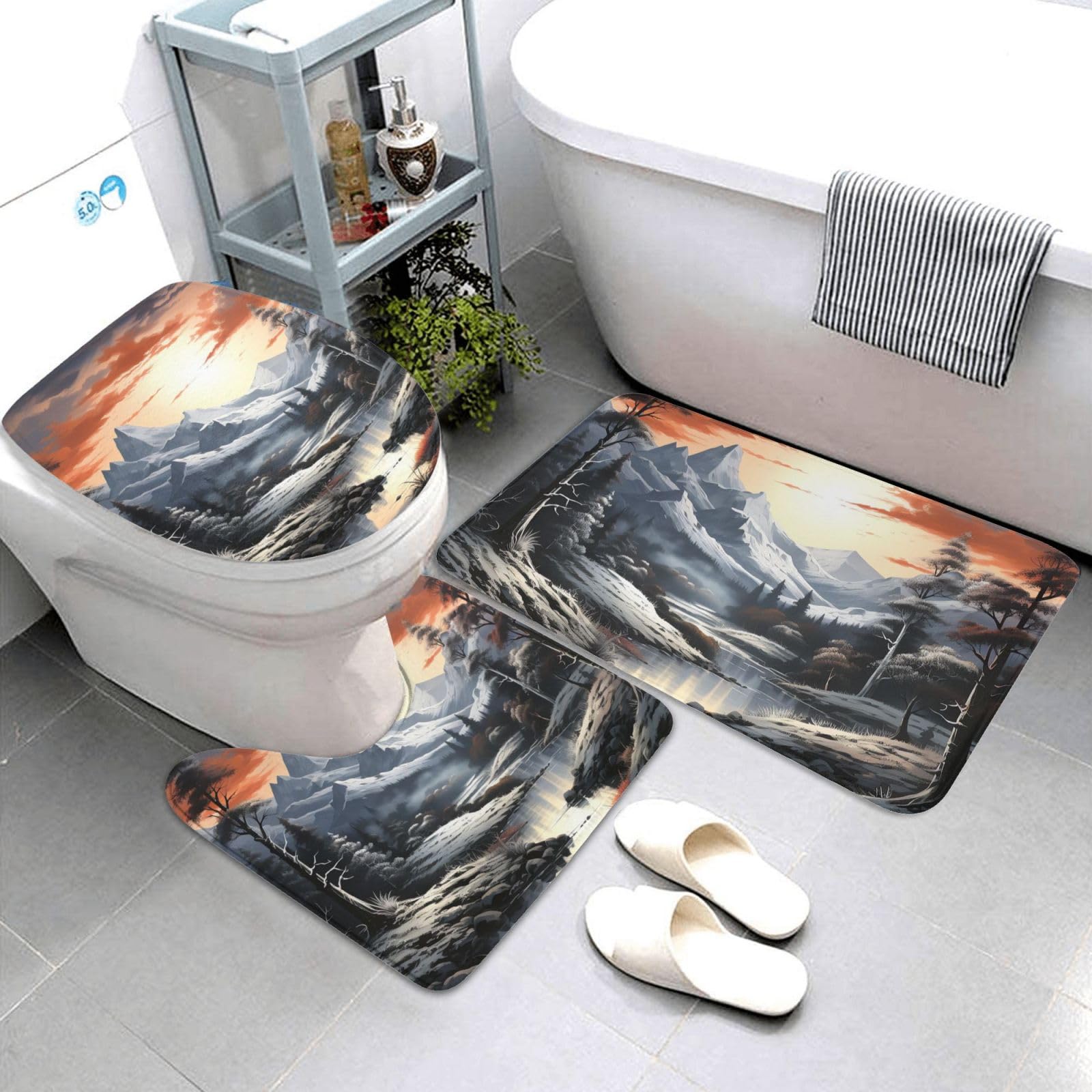Dwrepo Paint Landscape Print Bathroom Rug Set 3 Piece with Non-Slip U-Shaped Contour Mat and Toilet Lid Cover for Bathroom Decoration