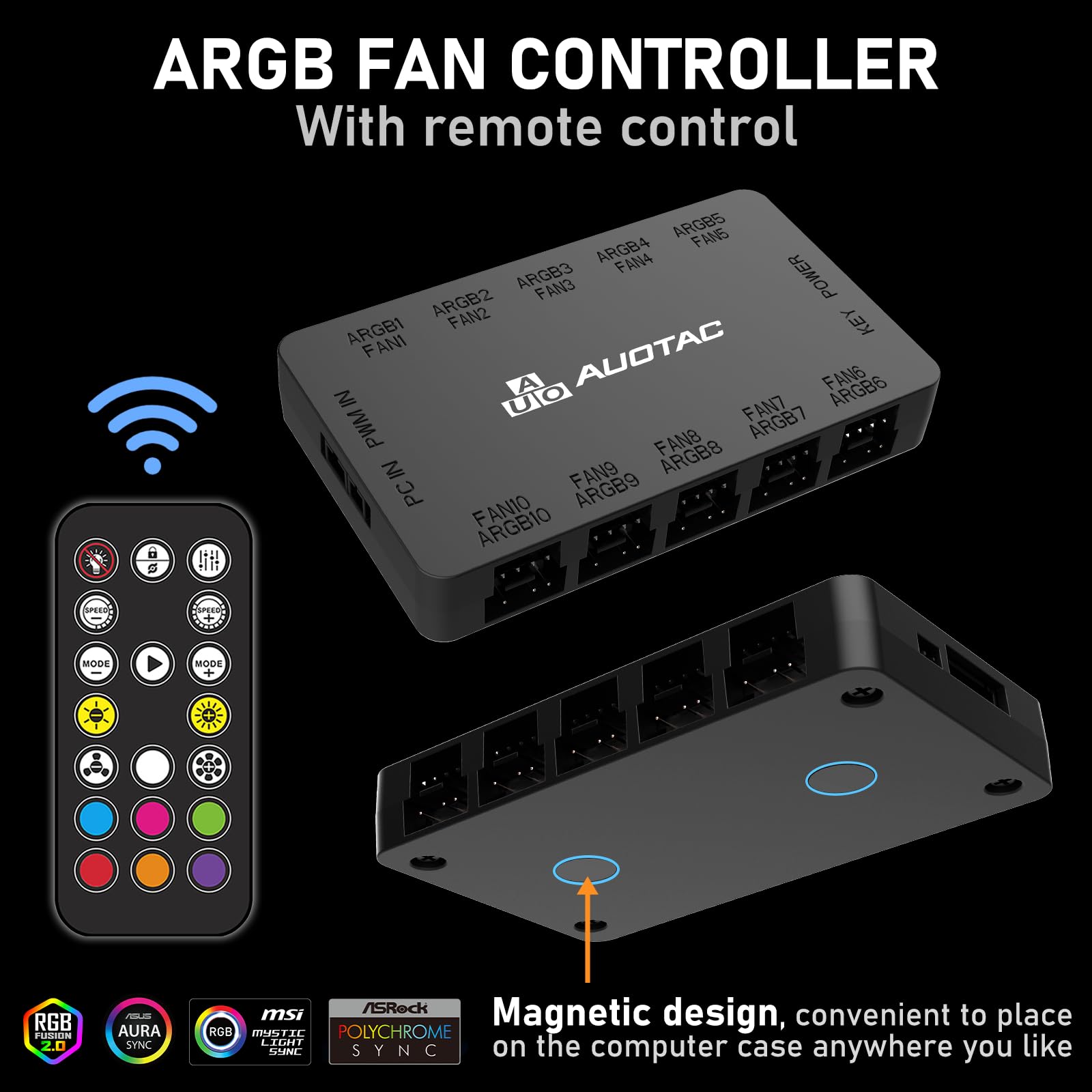 Kontroler ARGB PWM koncentrator wentylatora z pilotem RF, (podłącz dziesięć wentylatorów, 5 V 3-pinowe ARGB i 12 V 4-pinowe złącze wentylatora PWM, podwójne wejście zasilania SATA, zasysanie