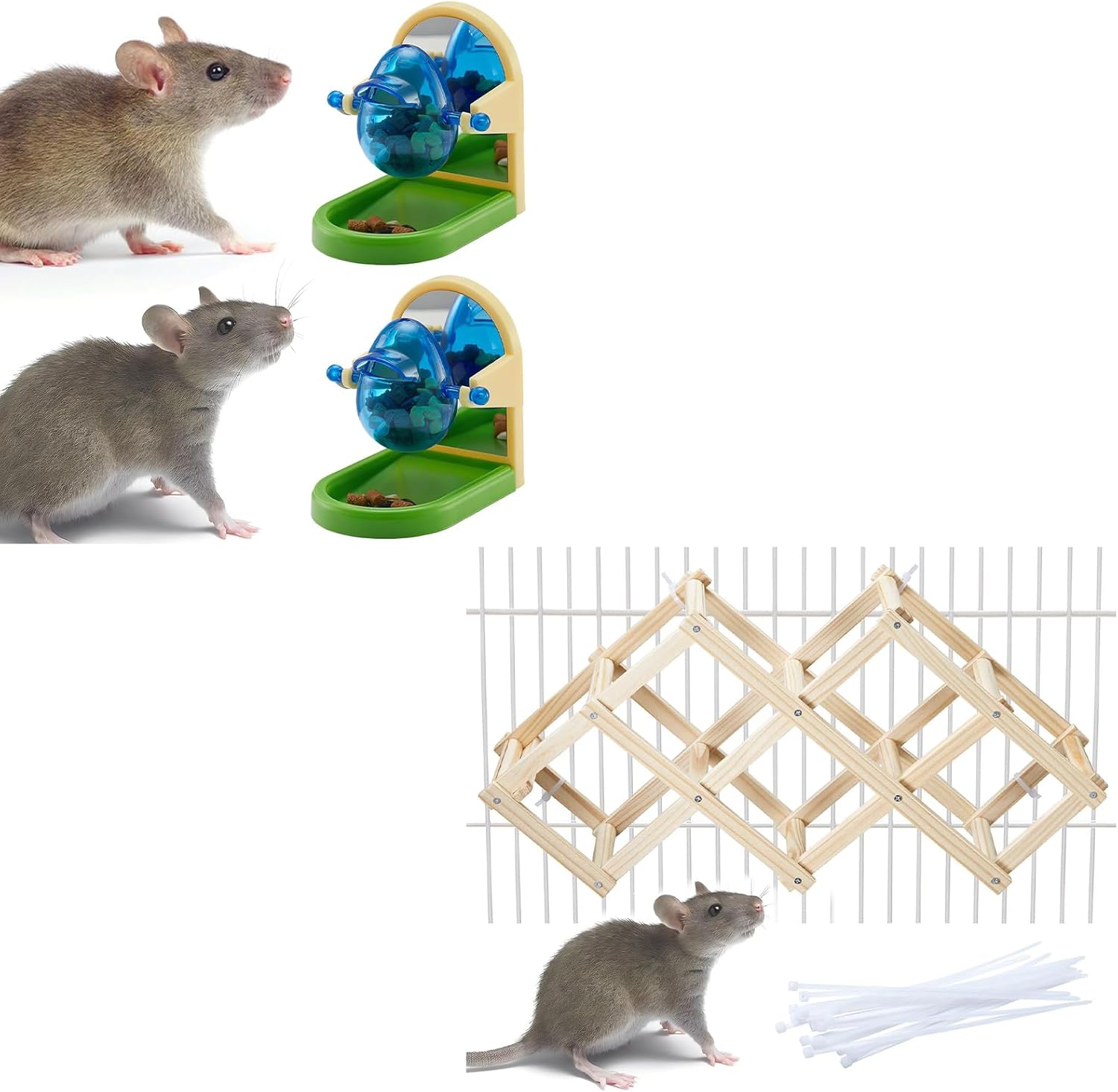 2 Pcs Rat Enrichment Toys, Interactive Foraging Toys for Rat, Intelligence Growth Rats Enrichment Puzzle Games & Wooden Rats Climbing Toys, Natural Pet Cage Accessories Climbing Ladder