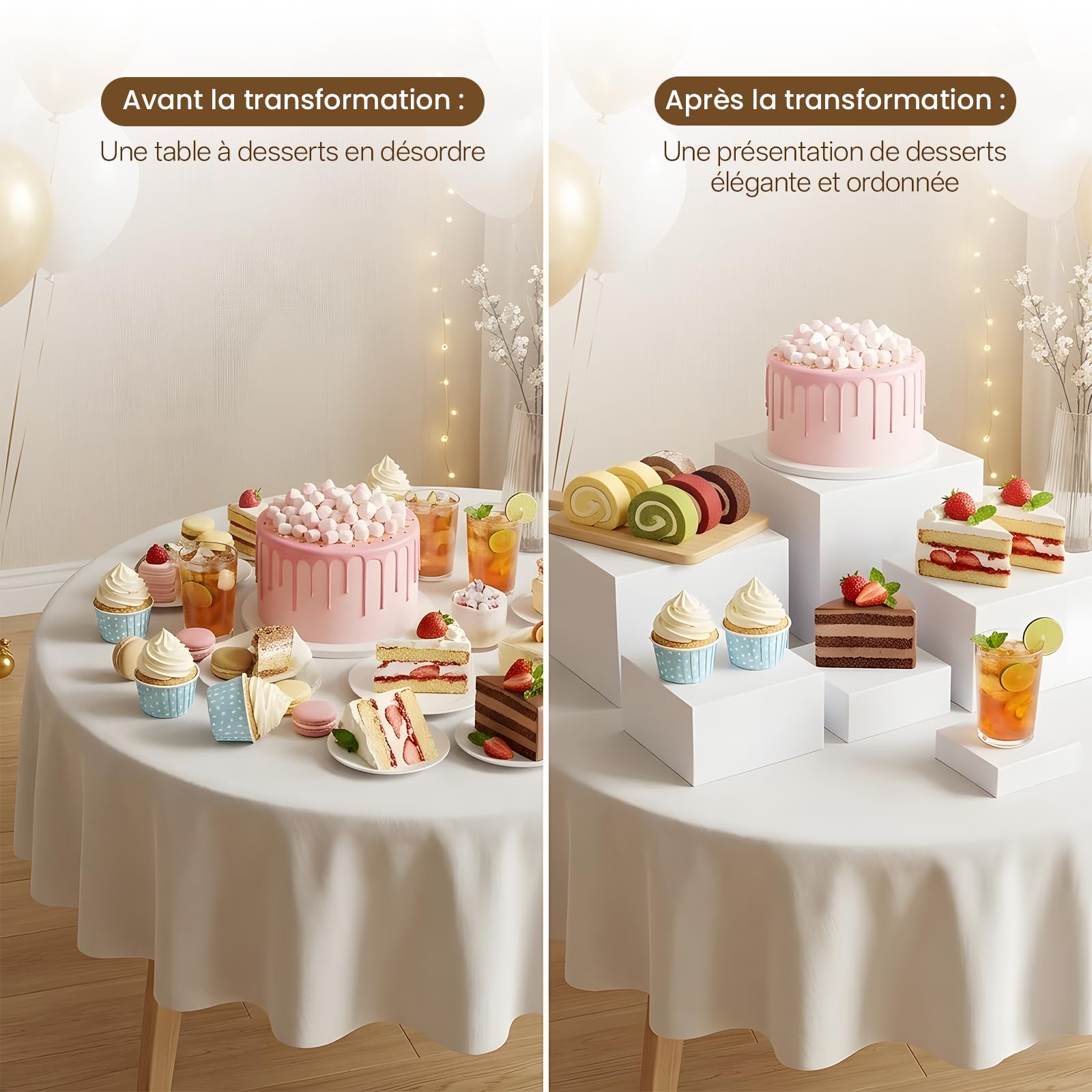 Lot de 6 présentoirs de buffet en acrylique blanc, 6 tailles différentes, support à dessert avec fond creux pour buffet, mariage, file d'attente, fête de famille, fête d'anniversaire