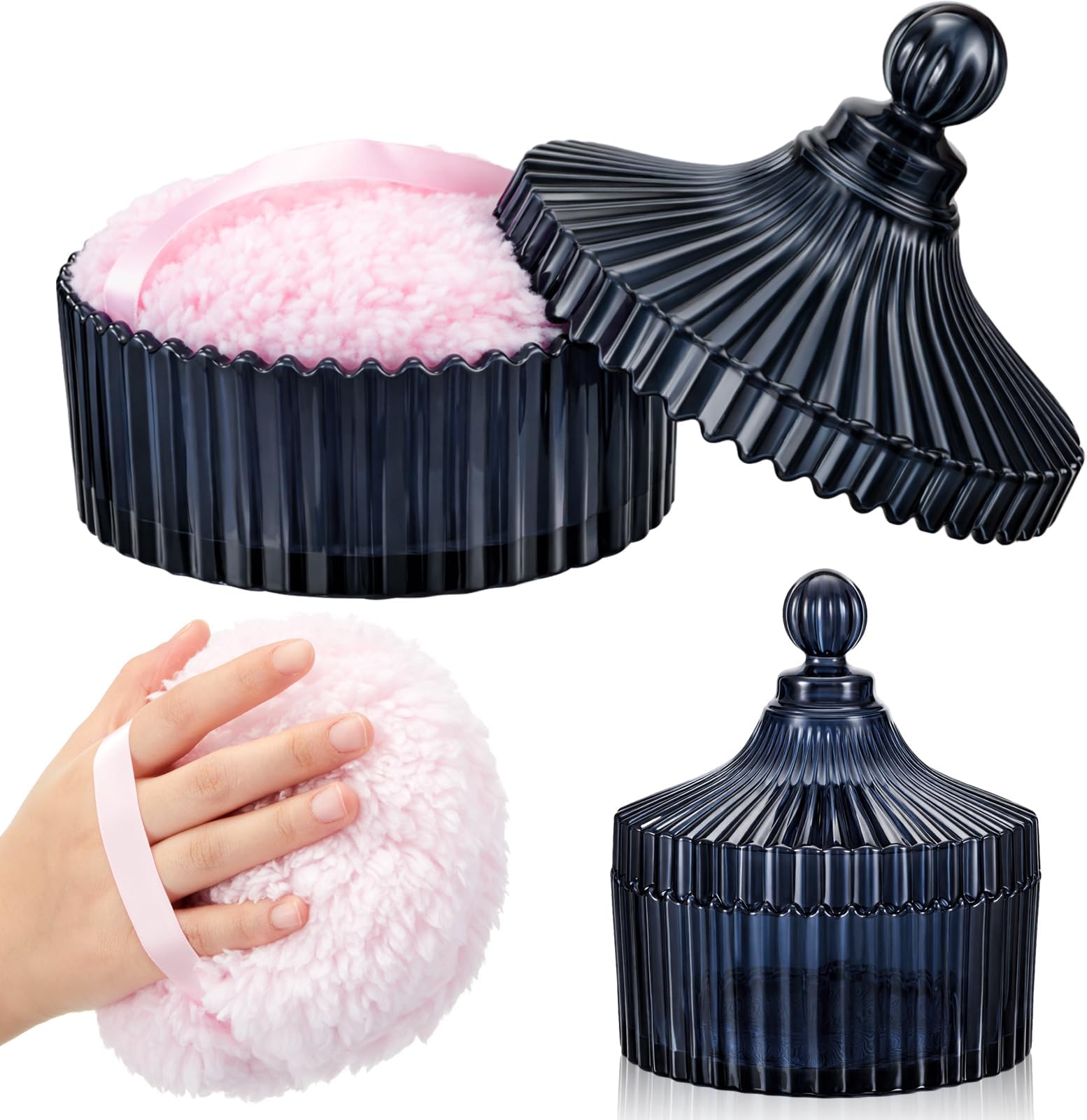 Tioncy 2 Pcs Extra Large Dusting Powder Puff and Container for Women-6'' Glass Crystal Dusting Powder Container with Body Soft Washable Reusable Velour Face(Clear,Classic)(Black,Classic)