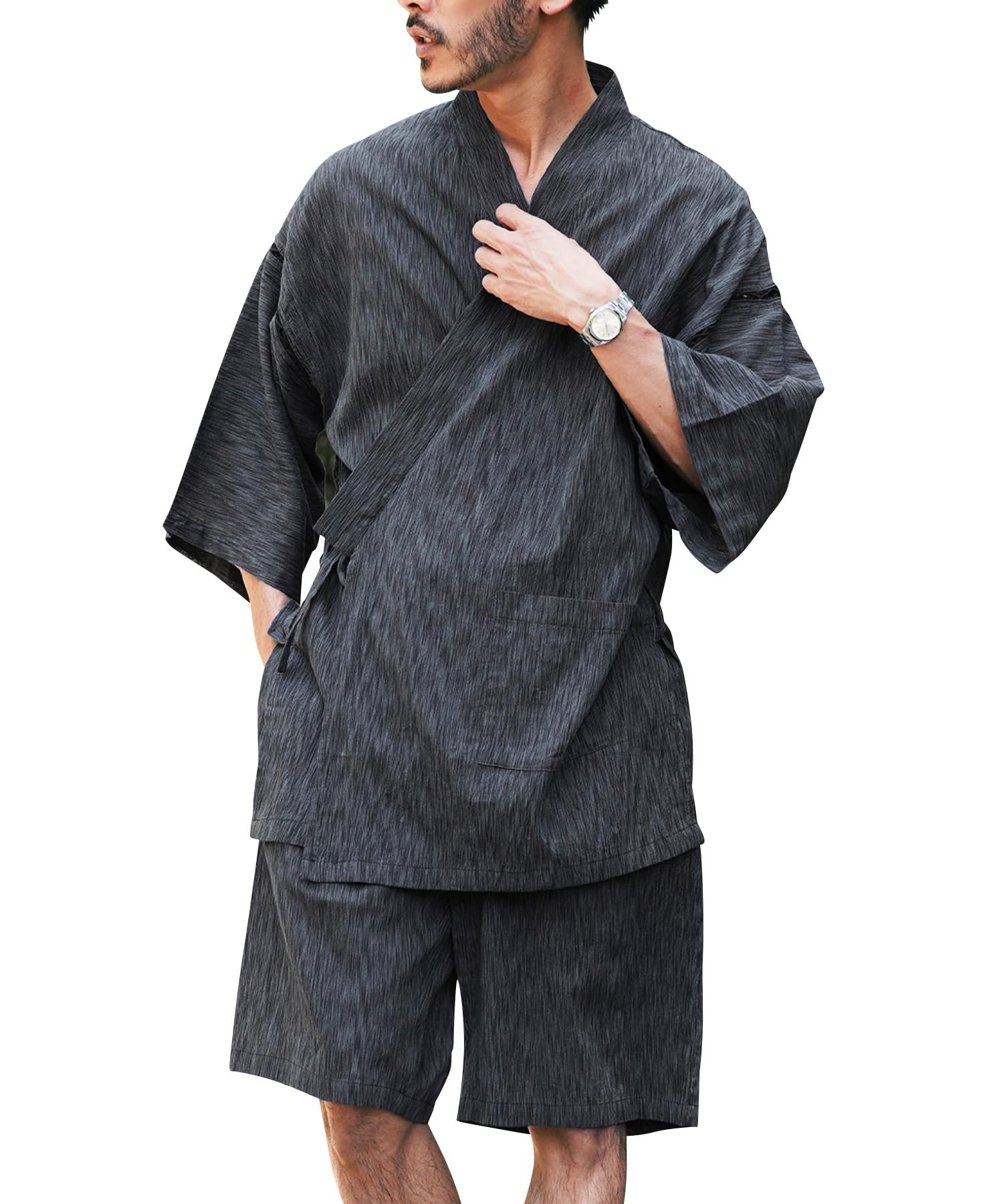 Japanese Jinbei Men's Cotton Shijira Weave Top Bottom Set Size L Summer Japan