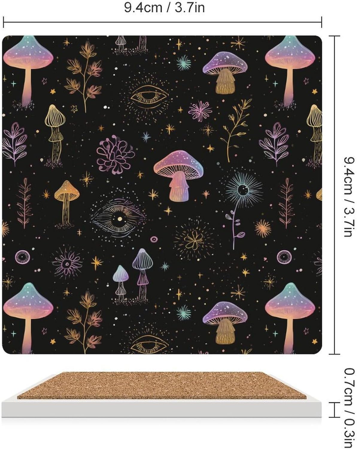 Trippy Botanical Mushroom Coaster for Drinks Square Ceramic Table Coasters Stone Mat Crafts 4PCS Home Kitchen Decor