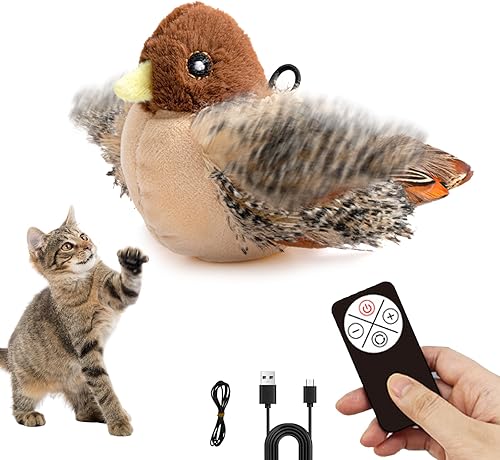 Juguete interactivo para gatos y pájaros, juguete automático recargable con sonido real de pájaro y cola de plumas, juguete de hierba gatera para