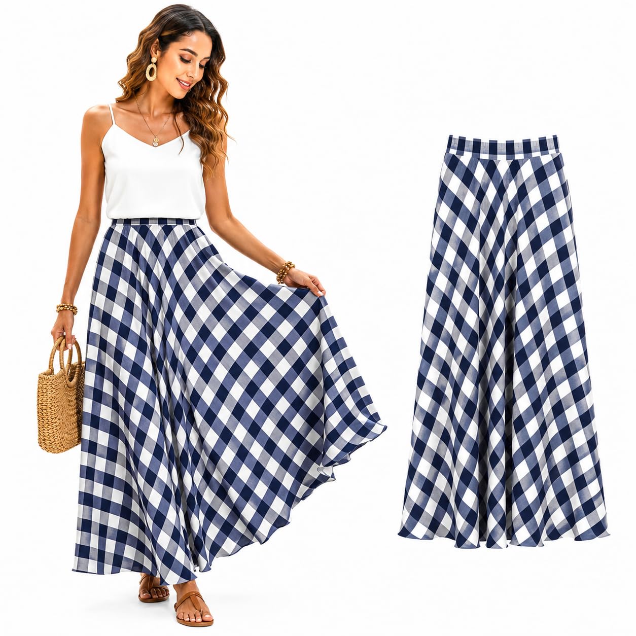 Cemssitu Women's Dark Blue Boho Skirts For Gingham Plaid Maxi Skirt, Flowy A-Line Elastic Waist Summer Beach Skirt (,L)