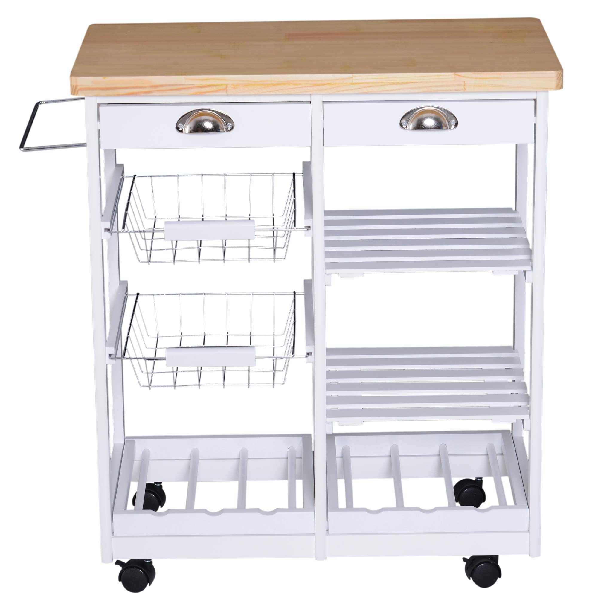 Chariot de service desserte de cuisine à roulettes multi-rangements 74L x 37l x 76H cm plateau bois massif pin châssis MDF blanc