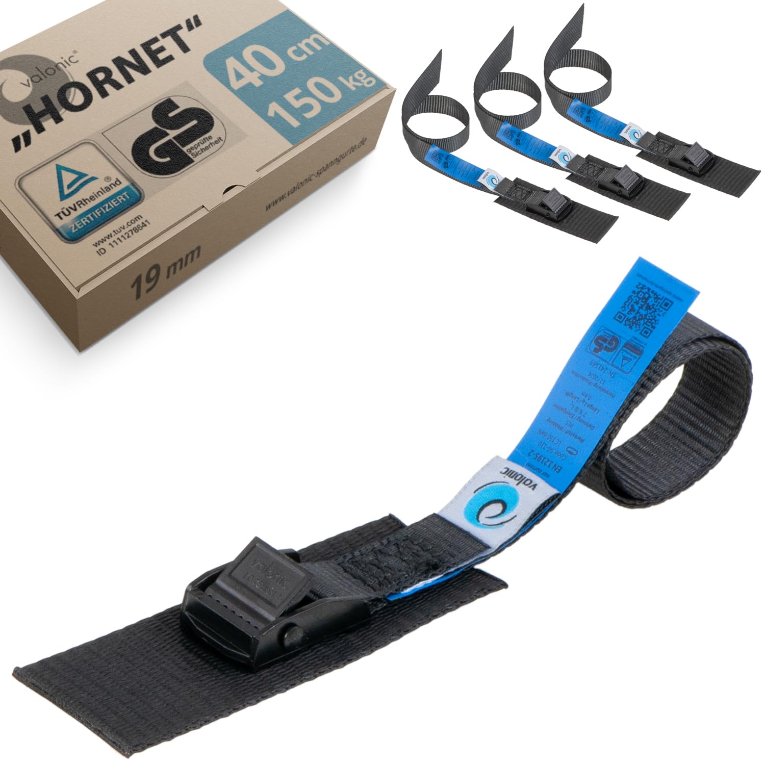 valonic Hornet - 4X 40cm Kurze Spanngurte, mit Pad, Blaue Fahne, 19mm, 150Kg, TÜV Rheinl. / GS Zertifiziert - für Fahrradträger, Spanngurt mit Klemmschloss, schwarz, Fahrrad, Bike, Zurrgurt klein