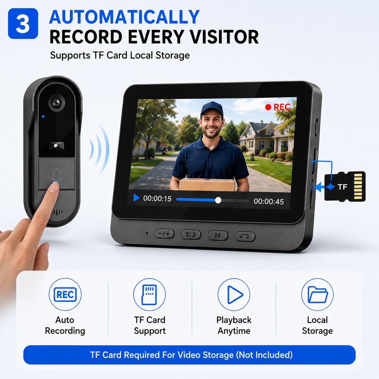 Winnes Video Campanello Videocitofono Senza Fili da Esterno Impermeabile IP67,Spioncino Digitale con 1080P 4,3'' IPS Schermo Telecamera 170° Ultra Grandangolo,Audio Bidirezionale,Senza APP&WIFI