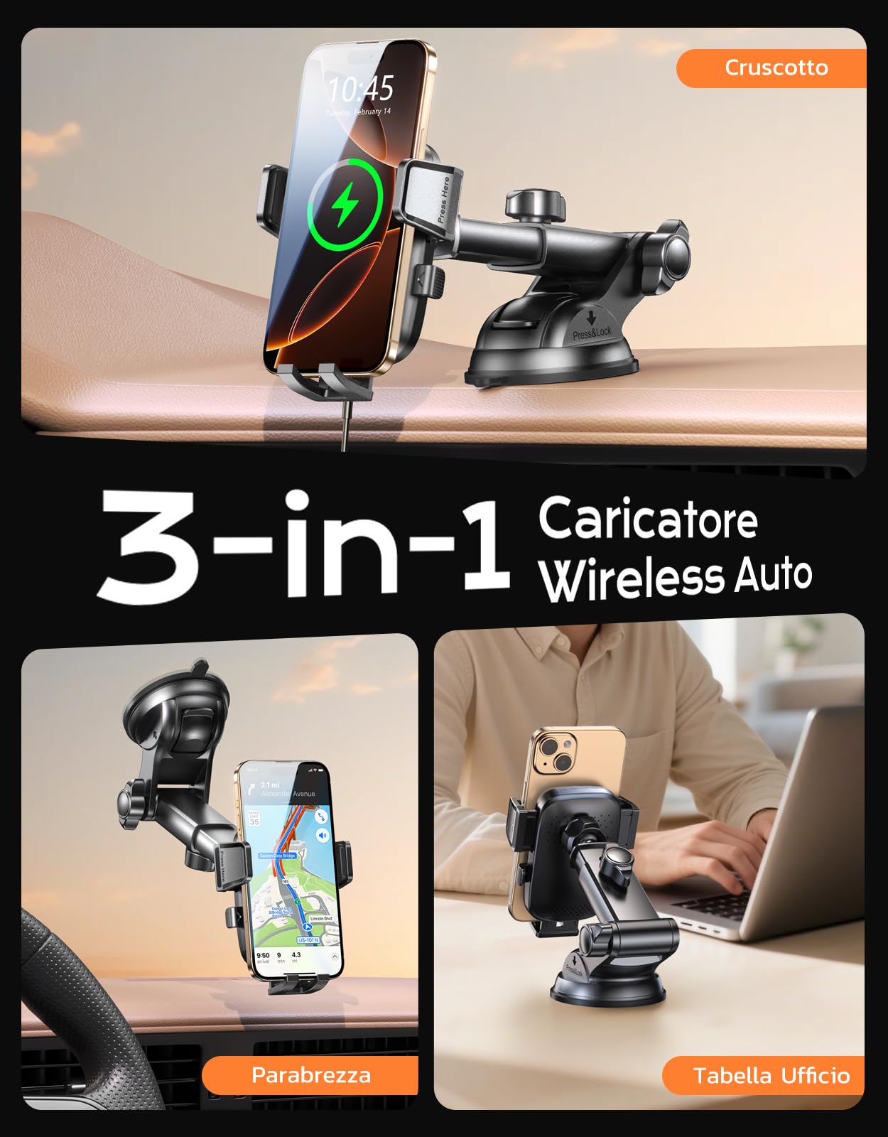 Mohard Porta Cellulare Caricatore Wireless Auto, 15W Ricarica Wireless Automobile Rapida con Adattatore QC3.0, Caricabatterie Supporto Telefono Rotazione 360° Cruscotto/Parabrezza, per 4.7-6.9" Phone