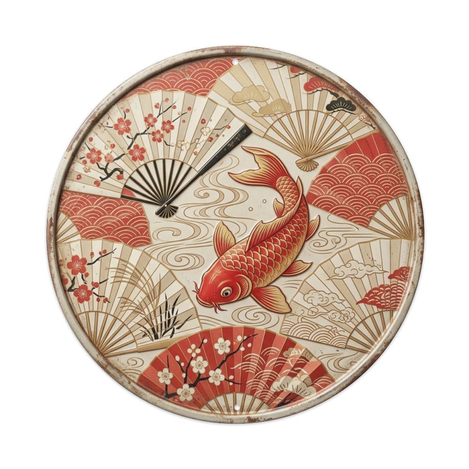 Fan Pattern Elegant Koi Fish Vintage Metal Tin Sign Plaque Wall Decor for Cafe, Club Bar, Office, Garden Metal Poster 8x8Inch