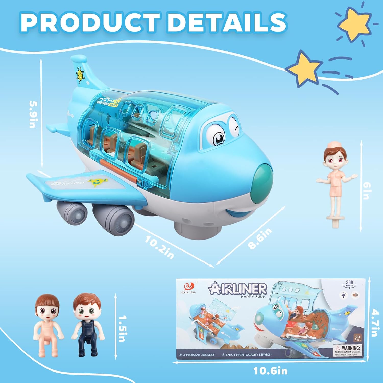 Toy Airplane for Kids - Toddler Toys Bump and Go Action Air Plane with LED Flashing Lights & Sounds, Birthday Easter Gifts for Boys Girls Ages 3-8 Year Olds (Blue)