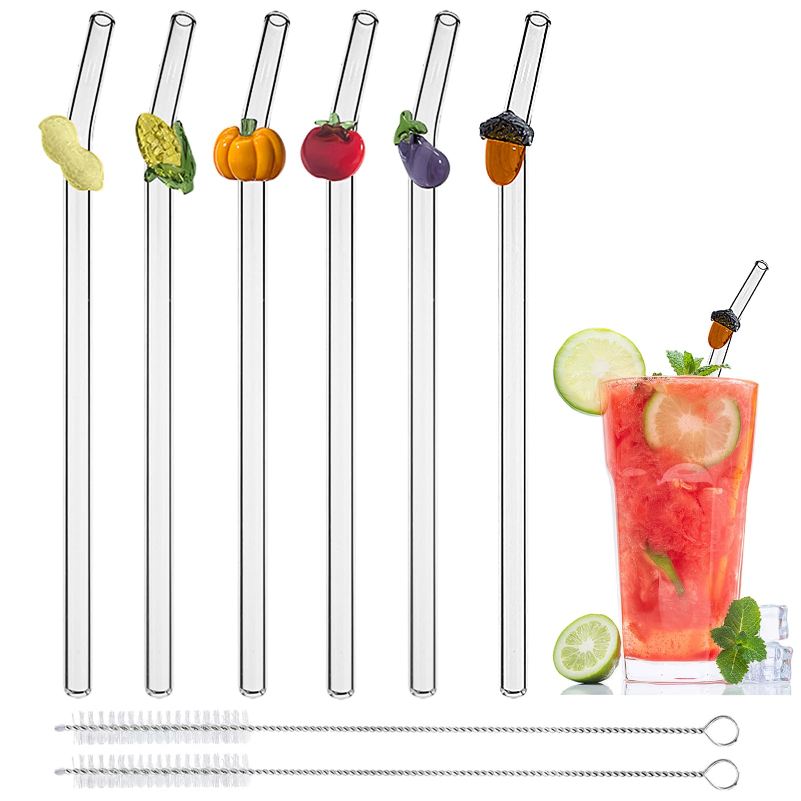 Reusable Glass Straws with Charms, 7.9'' x 8mm Cute Clear Drinking Straws for Smoothies, Coffee, Juice, Milk, Cocktails, Set of 6 Bent and 2 Cleaning Brushes (Harvest Theme) โ image 1