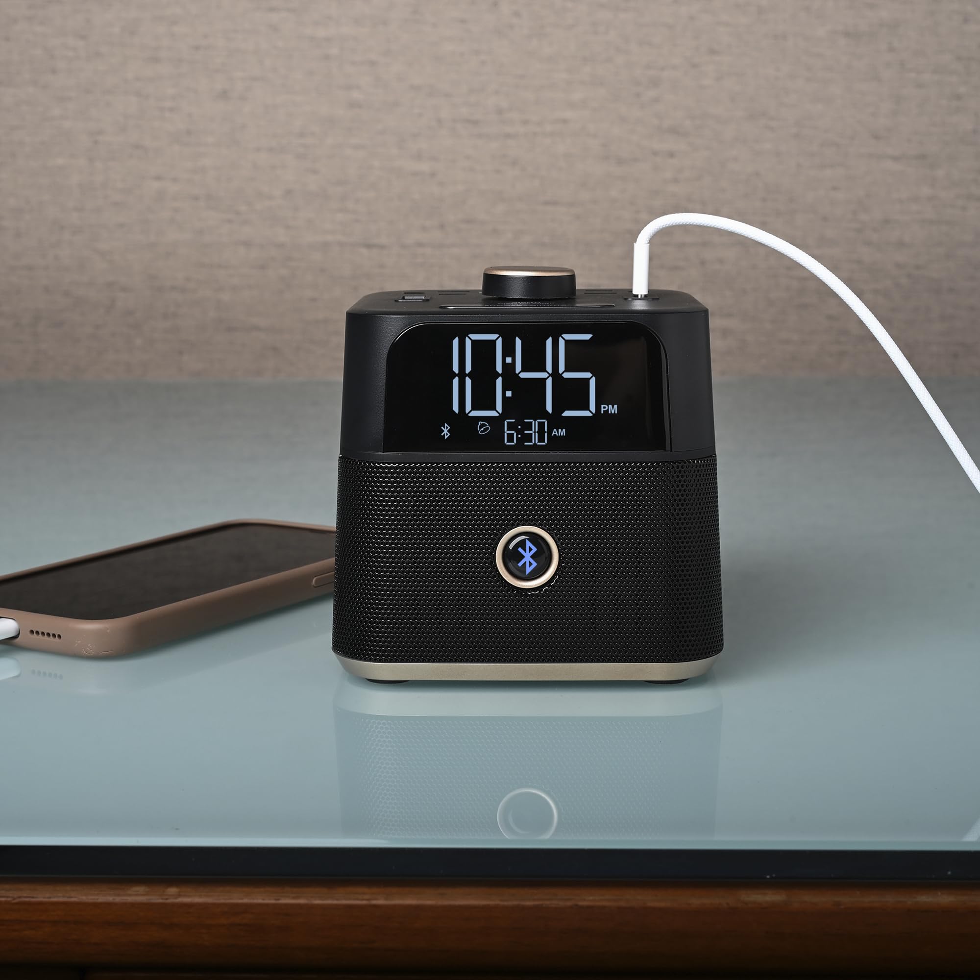 Brandstand CubieBlue Chargeur de montre, facile à utiliser et maniable, 2 ports USB, 2 prises anti-manipulation, haut-parleur Bluetooth