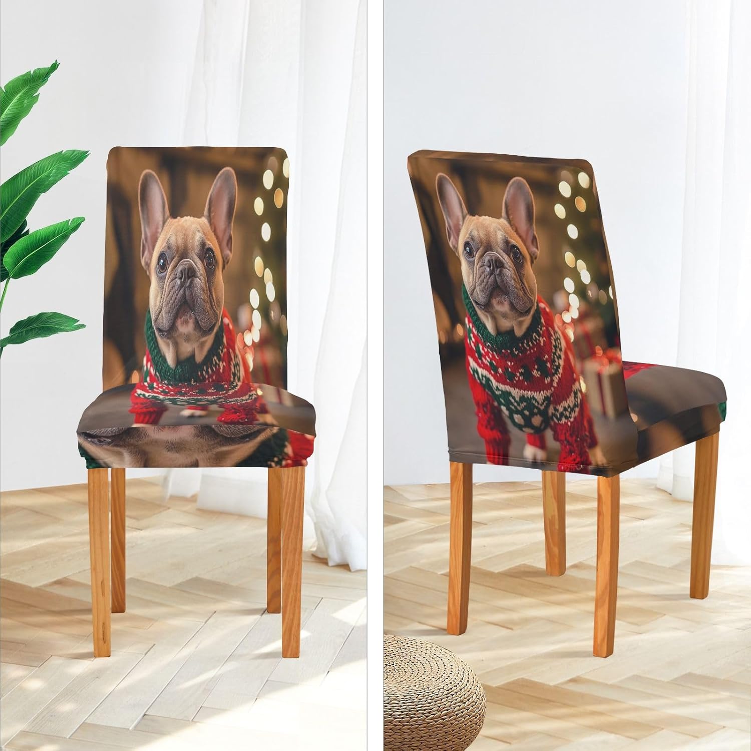 ALAZA Chair Covers for Dining Room, French Bulldog Cute Dog Wearing Christmas Sweaters Stretch Chair Cover Sets Chair Protector Removable Washable for Ktichen Restaurant Hotel
