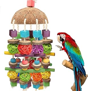 Large Bird Parrot Chewing Toy,Parakeet Cage Bite Toys Nature Durable Hanging Chewing Multicolored Natural Wooden Blocks ,Rattan Ball and Coconut Shell Tearing Toys for Large Bird Amazon Parrots