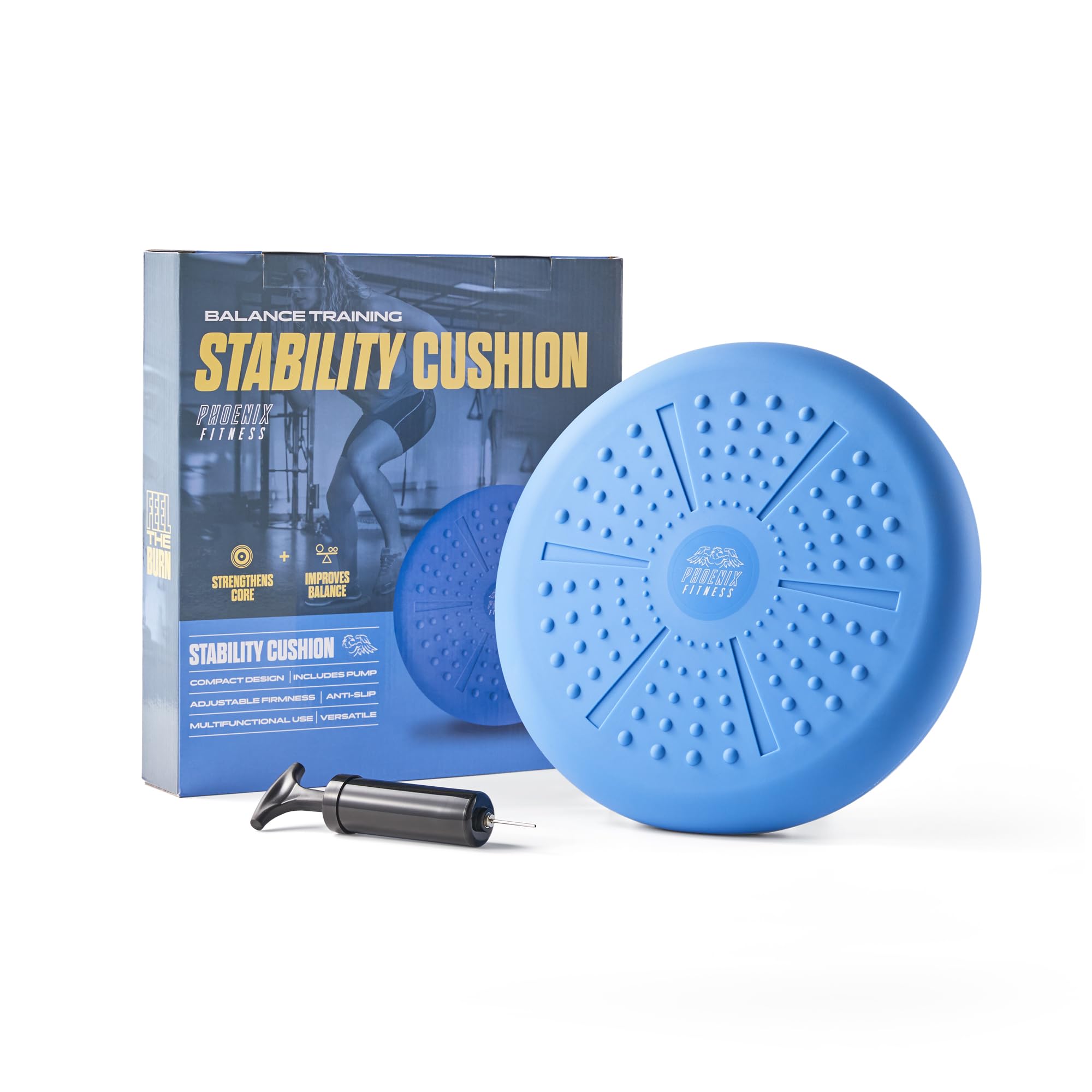 Phoenix Fitness Wobble Cushion – Balance Disc Stability Cushion with Hand Pump – Non-Slip Core Strength Trainer for Balance, Physio, & Posture – Sensory Wiggle Seat for Kids & Adults | Blue