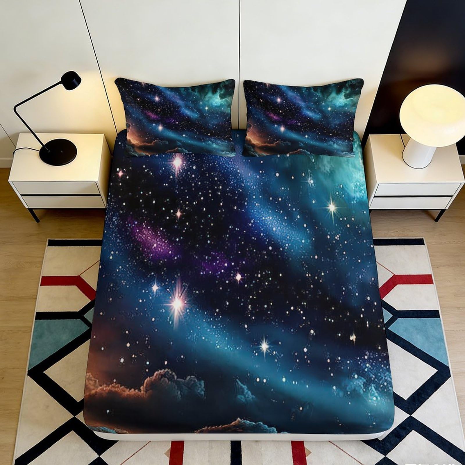 3D Printed Galaxy Microfiber Fitted Sheet Deep Pocket Bedroom Bedding Galaxy Mattress Fitted Cover Non-Slip Washable 180x200x25cm