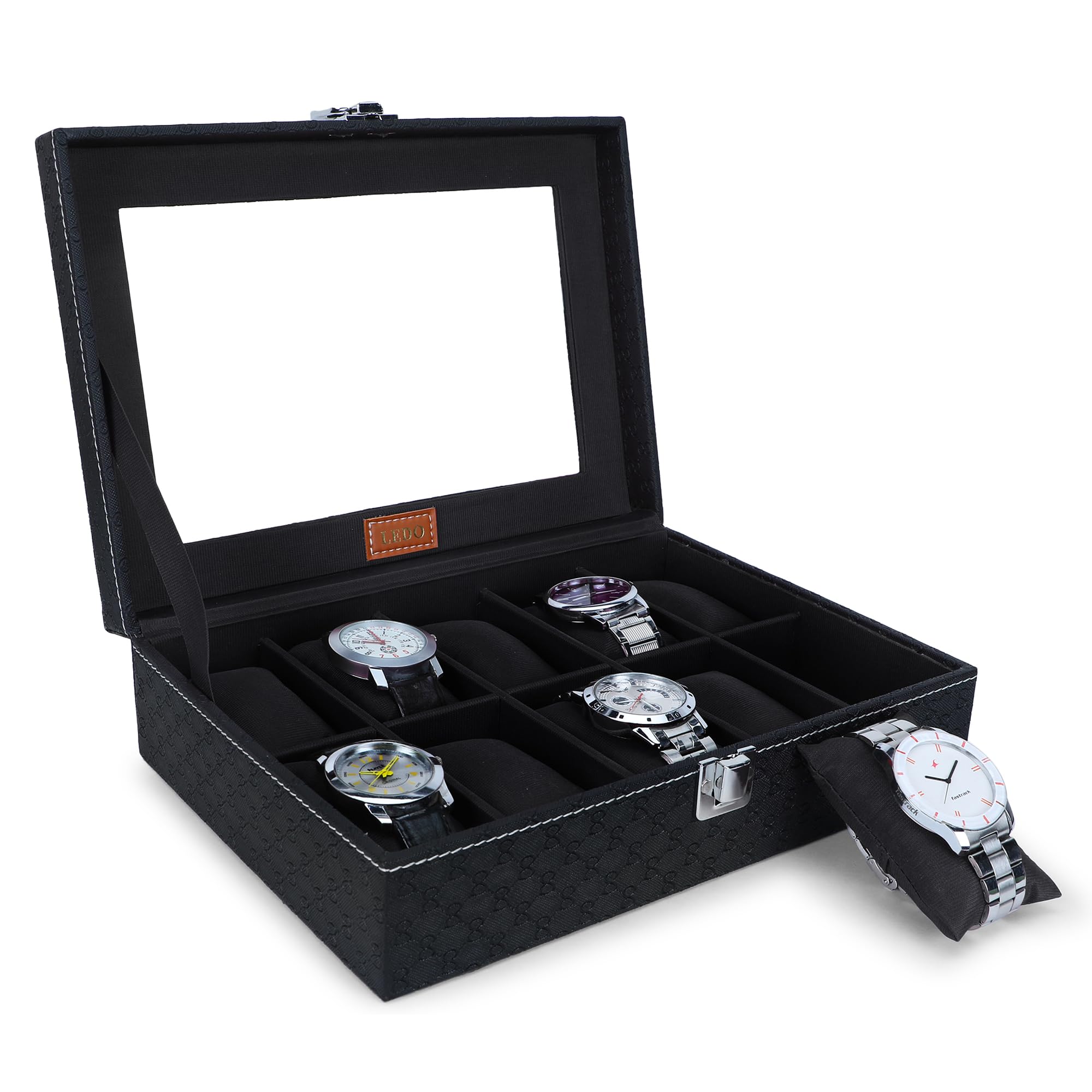 LEDO Leather Watch Box Case Organizer In 10 Slots Of Watches For Men And Women With Transparent Look Display Holder Black Color (B0CKVMWSRC) Amazon Price History, Amazon Price Tracker