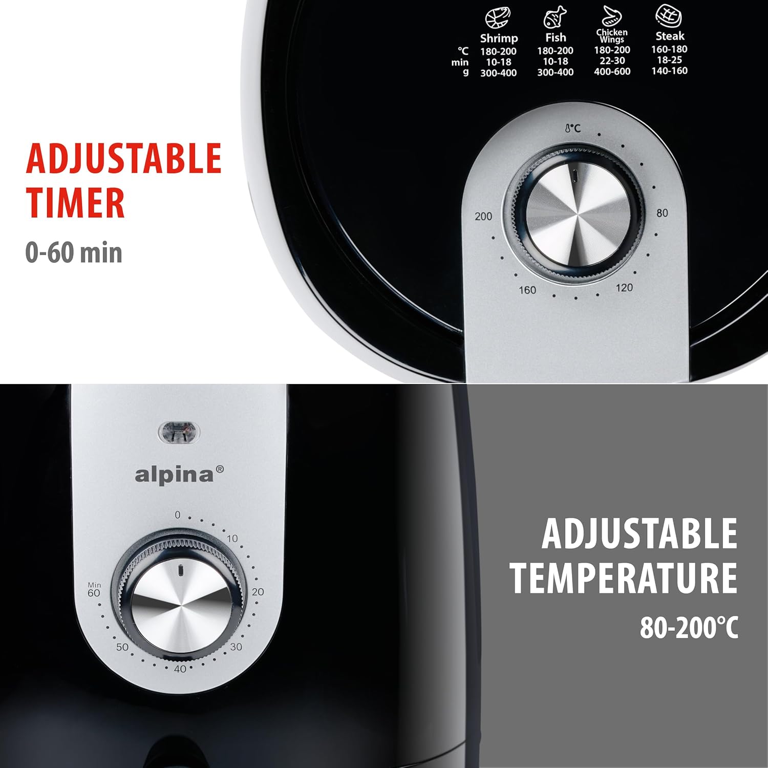 Close-up of alpina 2L Air Fryer's adjustable timer and temperature dials