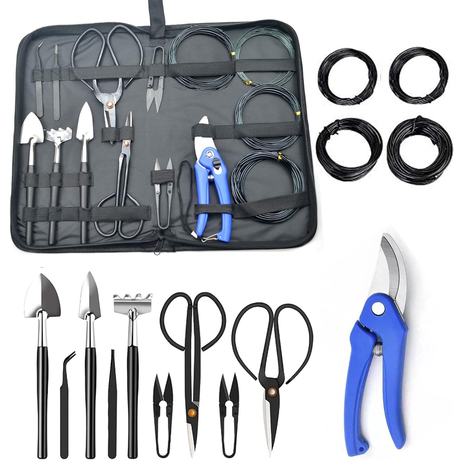 RoseFlower Juego de Herramientas de Jardín, Kit Bonsai, 12 Herramientas de Jardín, Kit de Jardinería Que Incluye Pala, Tijeras de Jardín, Alambre de Entrenamiento, para Sucursales o Suculentas Podas