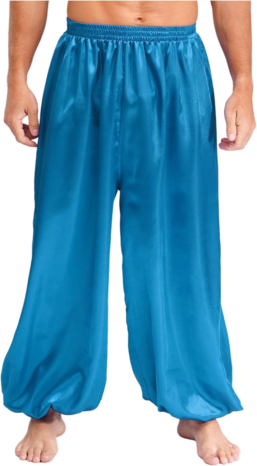 Oyolan Mens Belly Dance Satiny Lantern Pants Casual Loose Fit Harem Pants Arabic Halloween Trousers
