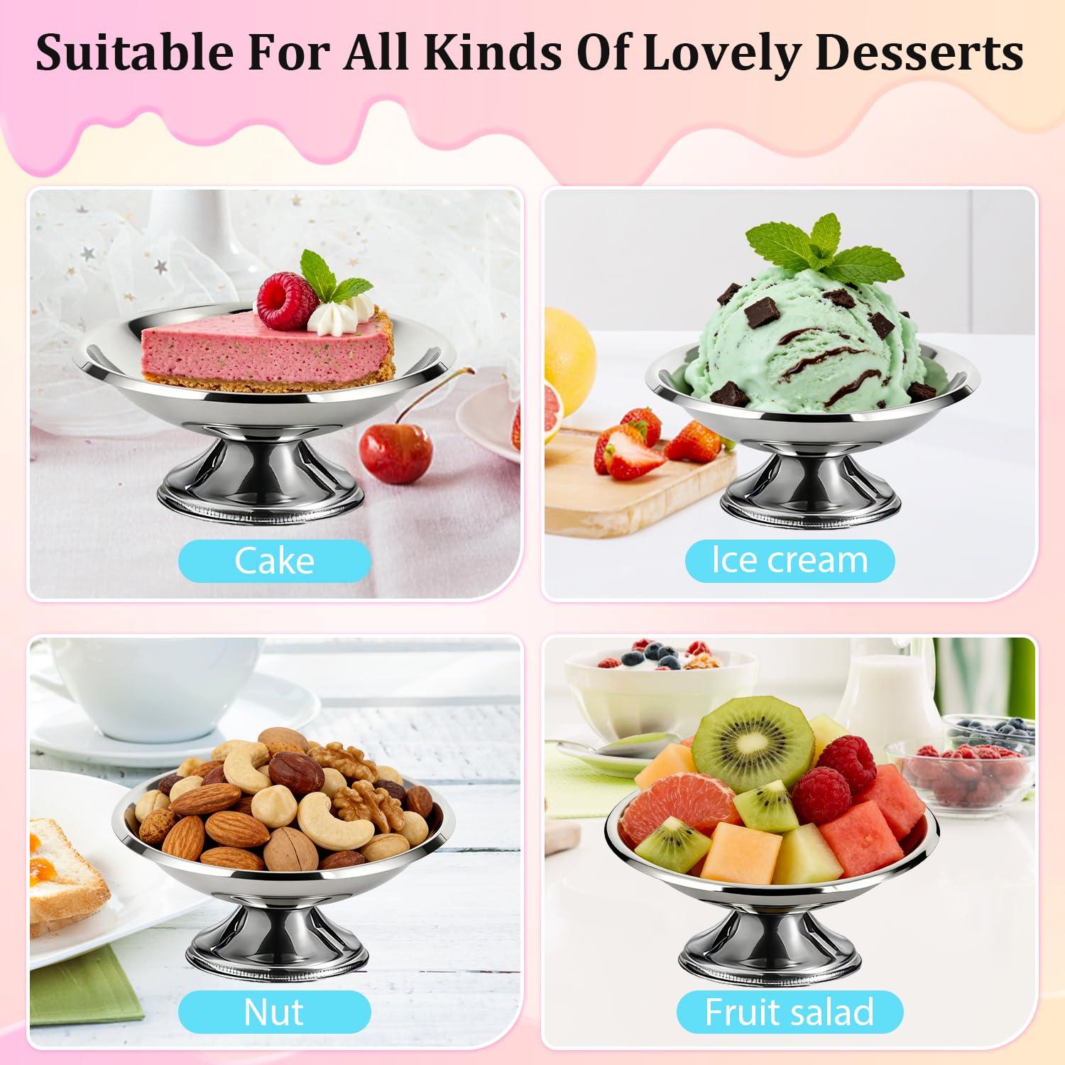 Tissting Ciotole per gelato con forchetta, coppe da dessert in acciaio inossidabile set da 4, ciotole da portata in metallo per budino, insalata e gelato, stoviglie da per uso domestico (10CM)