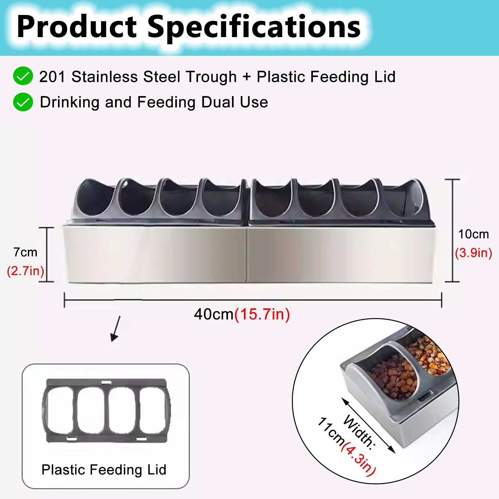Comedero y bebedero de pollo de 8 ranuras, comedero de acero inoxidable para aves de corral, dispensador de piso para pollo, pato, codorniz