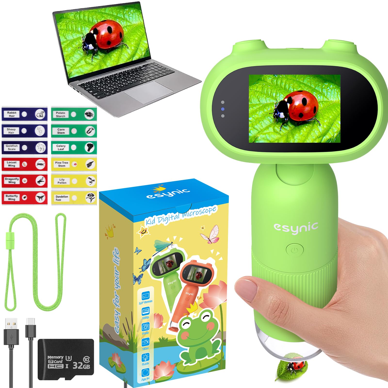 eSynic 500X-1000X Handheld Digital Microscope for Kids with 32G SD Card Rechargeable Mini Pocket Scope- 2.0" HD Screen| Camera&Video| Slides Kit, Science Edu Gift for Children Student Ages Over 6