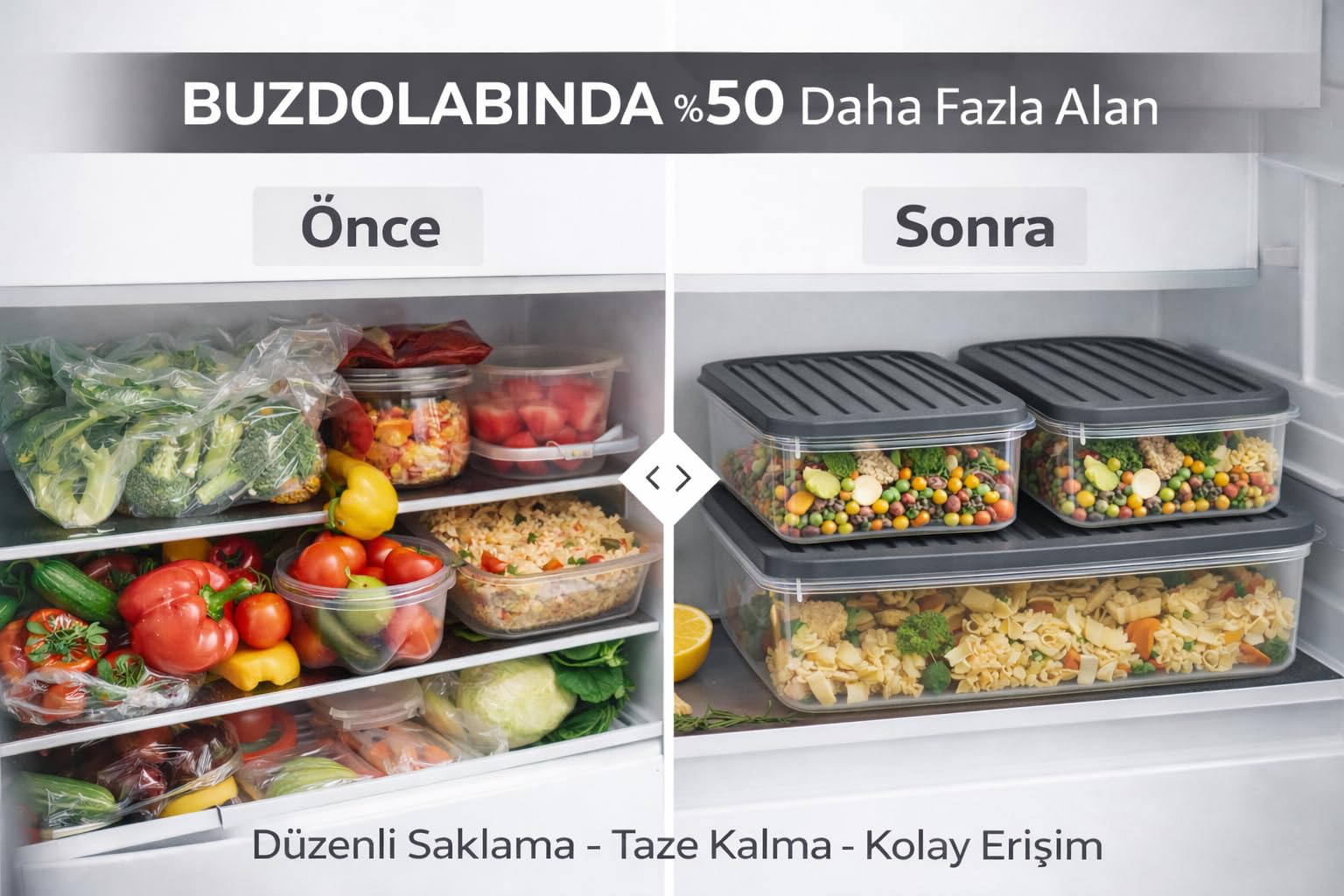 3’lü Modüler Buzdolabı Saklama Kabı Seti Düzenleyici Organizer Kutu (Gri)