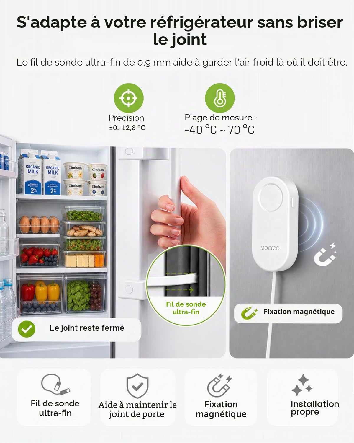MOCREO Thermomètre WiFi avec alarme, alerte e-mail, notification d'application, exportation d'enregistrement de données, sans frais d'abonnement, capteur de température sans fil à distance pour