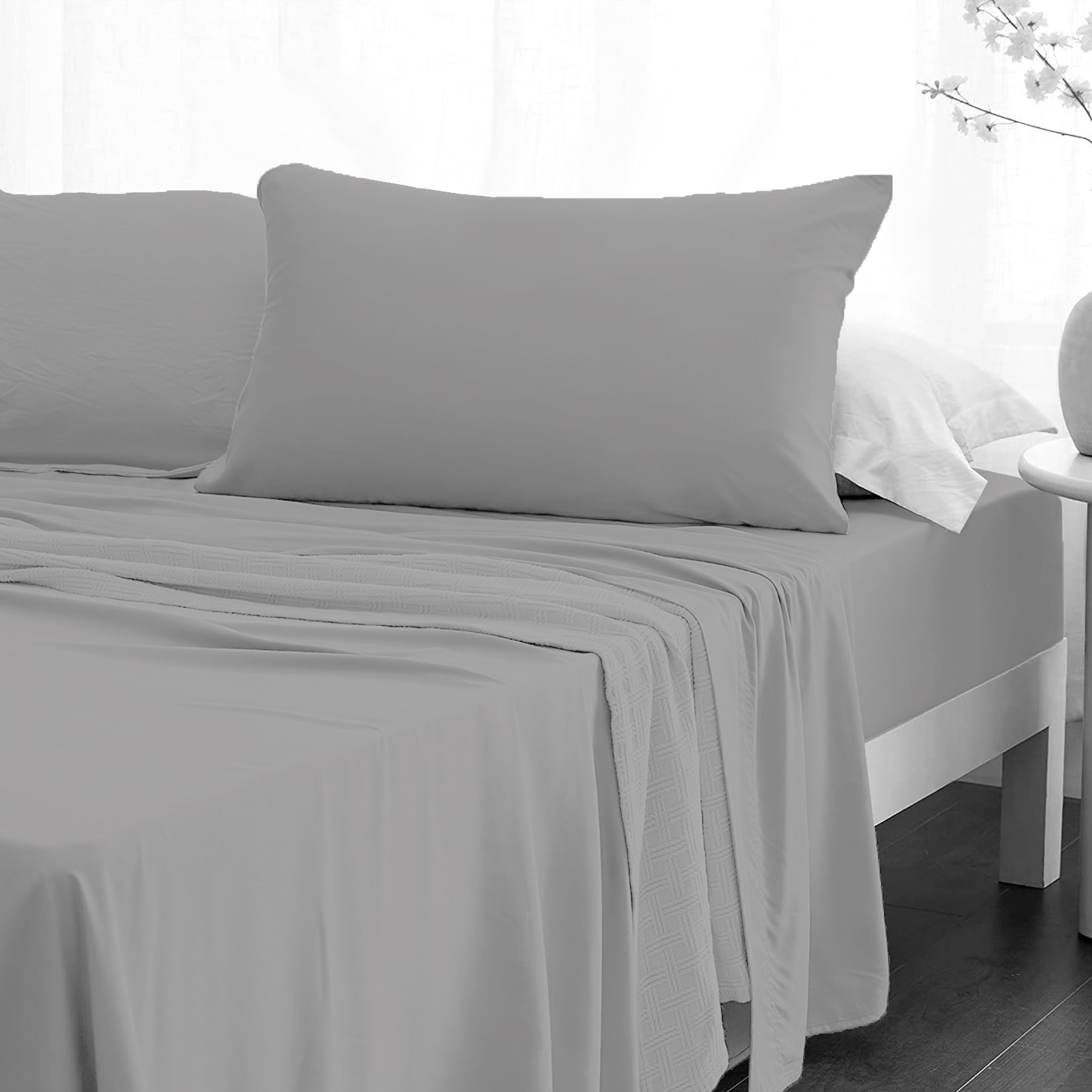Crescent Textile Sheet Set for Bed 200TC 100% Egyptian Cotton Super Soft Easy Care Fitted Sheet & Flat Sheet with Pillowcases Bedding Set (Silver, King)