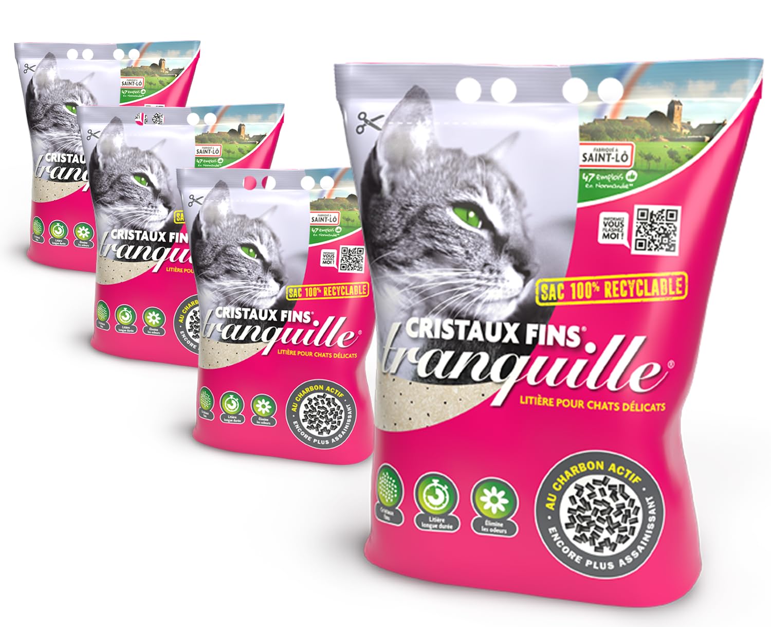 Tranquille - Litière pour Chat Silice Cristaux Fins + Charbon Actif – Ultra Absorbante & Anti-Odeur – Lot de 4 x 3,70L – Litière Hygiénique sans Poussière – Confort Chat & Fraîcheur Intérieure